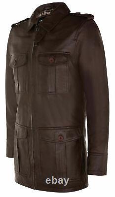 Men's Brown Leather Parka Coat Safari Casual Multi-Pocket Trench Reefer Jacket