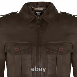 Men's Brown Leather Parka Coat Safari Casual Multi-Pocket Trench Reefer Jacket