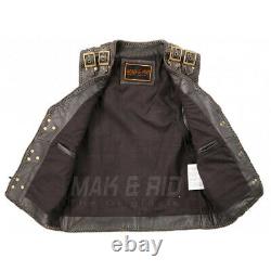 Men's Genuine Cow Leather Heavy Zipper Rocker Biker Waistcoat Motorcycle Vest S8