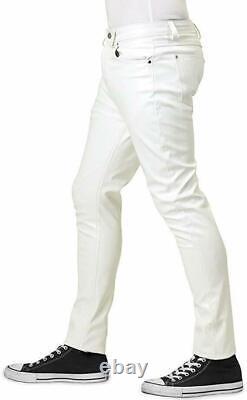 Men's Genuine Lambskin Leather Bikers Pant 5 Pockets Jeans Style White Trousers