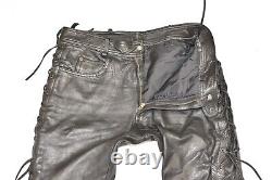 Men's Lace Up Real Leather Motorcycle Biker Black Trousers Pants Size W34 L31