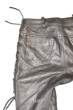 Men's Lace Up Real Leather Motorcycle Biker Black Trousers Pants Size W34 L31