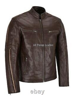 Men's Leather Jacket Brown Hide Cool Stylish Biker Motorcycle Style 4924