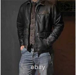 Men's Motorcycle Biker Vintage Cafe Racer Distressed Black Real Leather Jacket