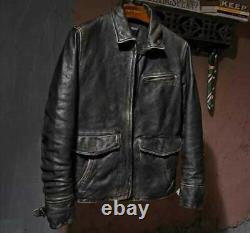 Men's Motorcycle Biker Vintage Cafe Racer Distressed Black Real Leather Jacket