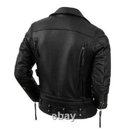 Men's New Black Brando Lapel Collar Genuine Cow Leather Biker Jacket Motorcycle