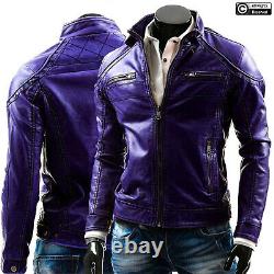 Men's Purple Motorcycle Biker Vintage Retro Cafe Racer Genuine Leather Jacket