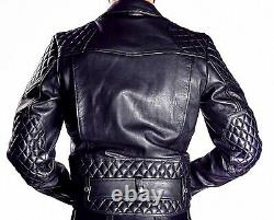 Men's Real Cowhide Leather Bikers Jacket Quilted Panels BLUF Jacket & Pants