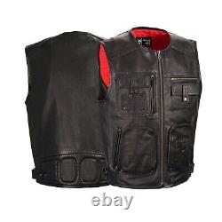 Men's Real Leather Padded Panel Black Zipper Front Long Length Leather Vest