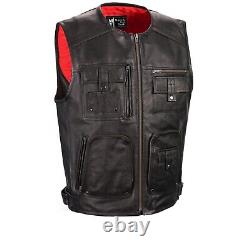 Men's Real Leather Padded Panel Black Zipper Front Long Length Leather Vest