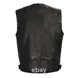 Men's Real Leather Padded Panel Black Zipper Front Long Length Leather Vest