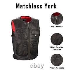 Men's Real Leather Padded Panel Black Zipper Front Long Length Leather Vest