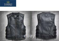 Men's Swat II Genuine Leather Harley Vest Zippered Biker Racer Black Cow leather