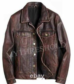 Men's Trucker Brown Real Genuine Leather Biker Cafe Racer vintage Jacket