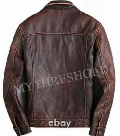 Men's Trucker Brown Real Genuine Leather Biker Cafe Racer vintage Jacket