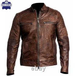 Men's Vintage Motorcycle Distressed Brown Cafe Racer Biker Leather Jacket