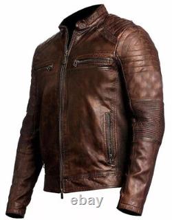 Men's Vintage Motorcycle Distressed Brown Cafe Racer Biker Leather Jacket