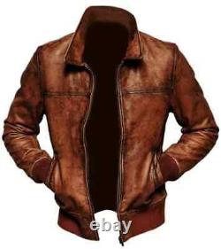 Mens Biker Vintage Antique Jacket Cafe Racer Moto Real Lambskin Leather Jacket