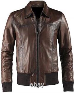 Mens Biker Vintage Brown Motorcycle Cafe Racer Distressed Real Leather Jacket