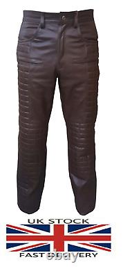 Mens Bikers Pants Real Brown Leather Quilted Design Motorcycle Jeans Trouser