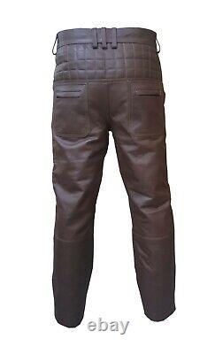 Mens Bikers Pants Real Brown Leather Quilted Design Motorcycle Jeans Trouser