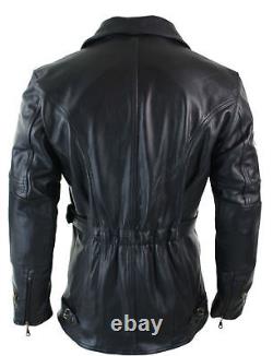 Mens Black 3/4 Motorcycle Biker Long Cow-Hide Leather Jacket/Coat