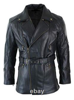 Mens Black 3/4 Motorcycle Biker Long Cow-Hide Leather Jacket/Coat