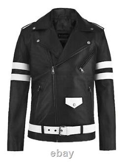 Mens Black And White Motorcycle Monza Biker Stylish Genuine Leather Jacket