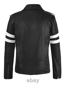 Mens Black And White Motorcycle Monza Biker Stylish Genuine Leather Jacket