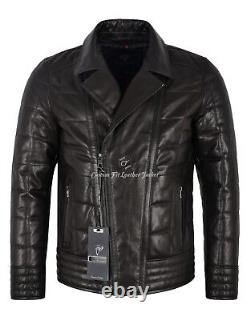 Mens Black Biker Fashion Heavy Quilty Panels Retro Motor-Cycle Jacket KATANA A43