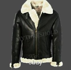 Mens Black Leather Jacket Genuine Sheepskin Aviator Fur B3 Bomber