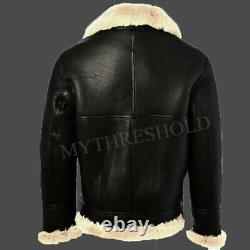 Mens Black Leather Jacket Genuine Sheepskin Aviator Fur B3 Bomber