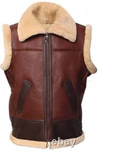 Mens Brown Real Shearling Vest sheepskin Leather Jacket