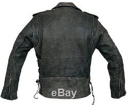 Mens Distressed Leather Marlon Brando Belted Biker Motorcycle Armoured Jacket