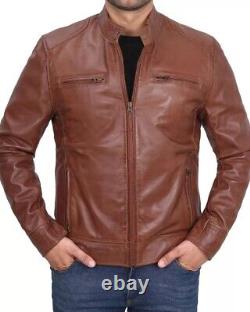 Mens Leather Jacket Cafe Racer Style Real Lambskin Leather Jacket Men