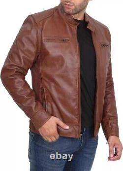 Mens Leather Jacket Cafe Racer Style Real Lambskin Leather Jacket Men