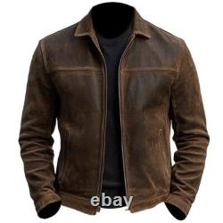 Mens Motorcycle Cafe Racer Distressed Brown Genuine Leather Biker CLARA Jacket