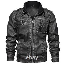 Mens PU Leather Jacket Motorcycle Zip Up Coats Collared Outwear Winter Warm Coat