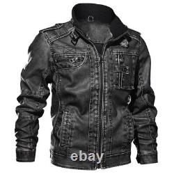 Mens PU Leather Jacket Motorcycle Zip Up Coats Collared Outwear Winter Warm Coat
