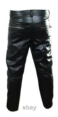 Mens Real Black Leather Padded Motorcycle Bikers Jeans Trousers (free P&p In Uk)