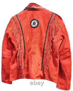 Mens Western Jacket Suede Indo-American Cowboy Fringes Red Indian Riding Jacket
