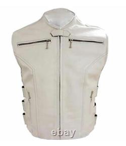 Mens White Real Leather Waistcoat Motorcycle Biker Style Vest Plain Motorbike