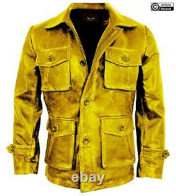 Mens Yellow Stylish Cafe Racer Biker Yellow Genuine Sheepskin Leather Jacket
