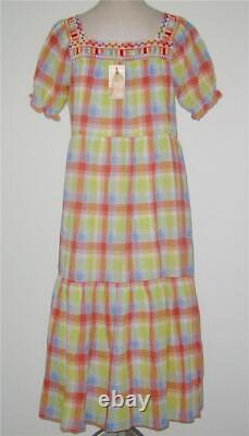 NWT Johnny Was 100% Cotton DELACEY Plaid Square Neck MIDI Dress Women MSRP$285