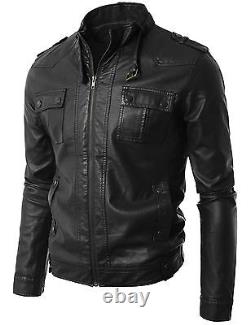 New Men's Leather jacket Black Slim fit Motorcycle Real lambskin jacket #822