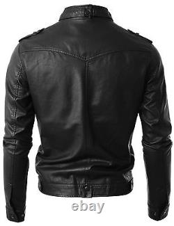 New Men's Leather jacket Black Slim fit Motorcycle Real lambskin jacket #822