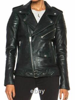 New Women Black Slim Fit Motorcycle Genuine Lambskin Biker Leather Jacket