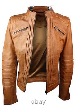 New Women Ladies Biker Brown Genuine Real Leather Jacket