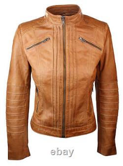 New Women Ladies Biker Brown Genuine Real Leather Jacket