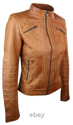 New Women Ladies Biker Brown Genuine Real Leather Jacket